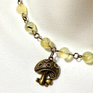 Natural Yellow Green Prehnite Necklace, Bronze Round Mushroom + Genuine Gemstone